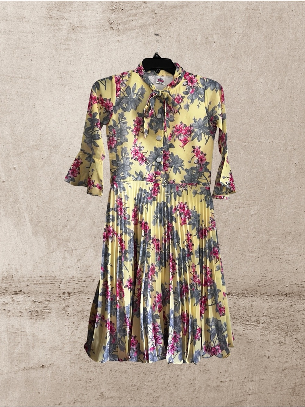 Girls' Floral Pleated Yellow Formal Dress with Bow
